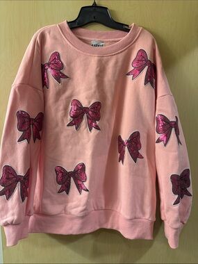 Katydid Pink Sequin Bow Pullover Sweatshirt